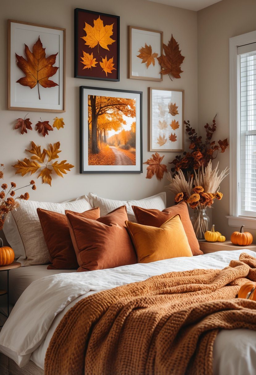 A bedroom decorated with autumn-themed wall art and fall decor, including framed leaf prints, pumpkins, and cozy bedding.