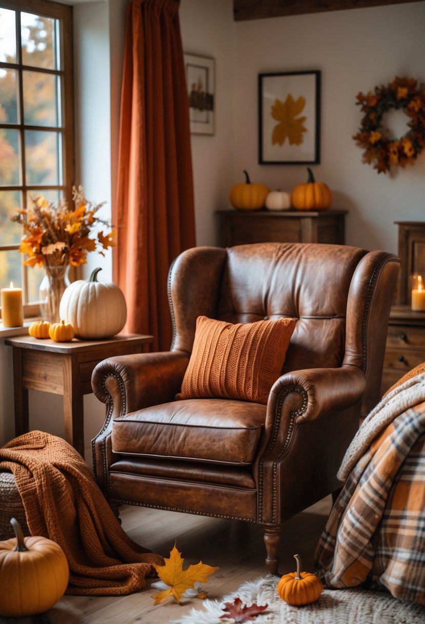 A cozy bedroom with a vintage leather armchair surrounded by autumn decorations including pillows, a throw blanket, pumpkins, and dried flowers near a window.