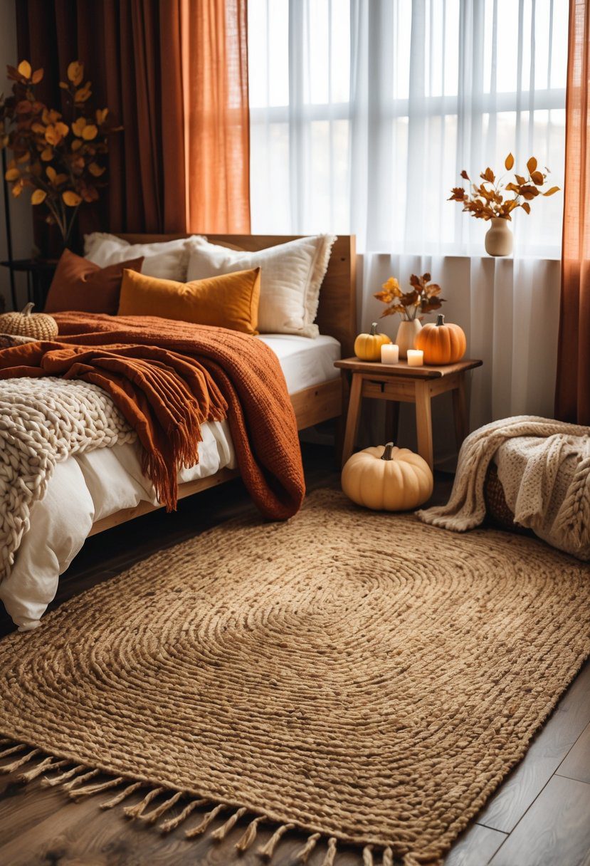 A cozy bedroom with a woven jute rug on the floor, decorated with autumn colors, soft blankets, pillows, and seasonal decor like pumpkins and dried leaves.