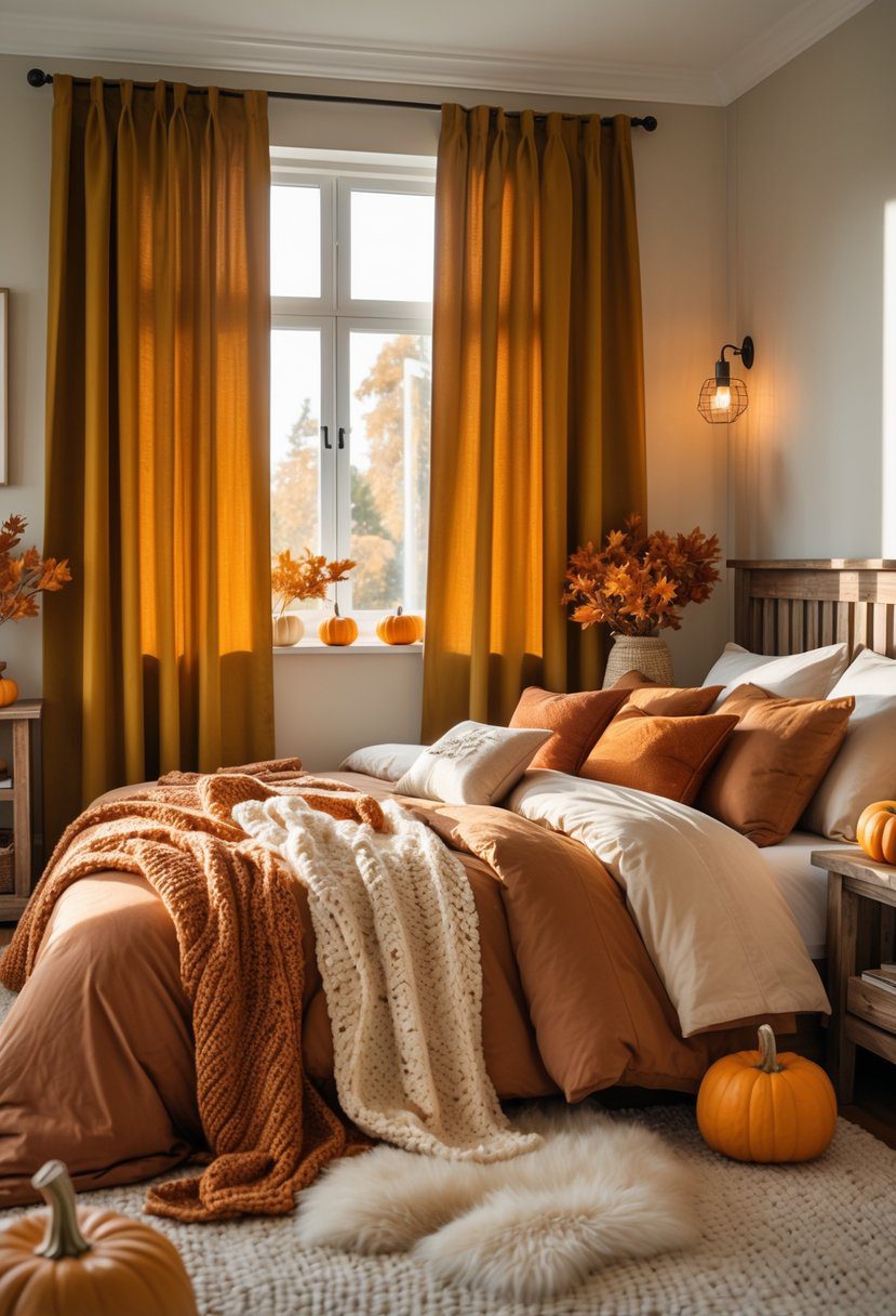 A bedroom with deep mustard curtains, a cozy bed with autumn-colored bedding, and fall-themed decorations including pumpkins and dried leaves.
