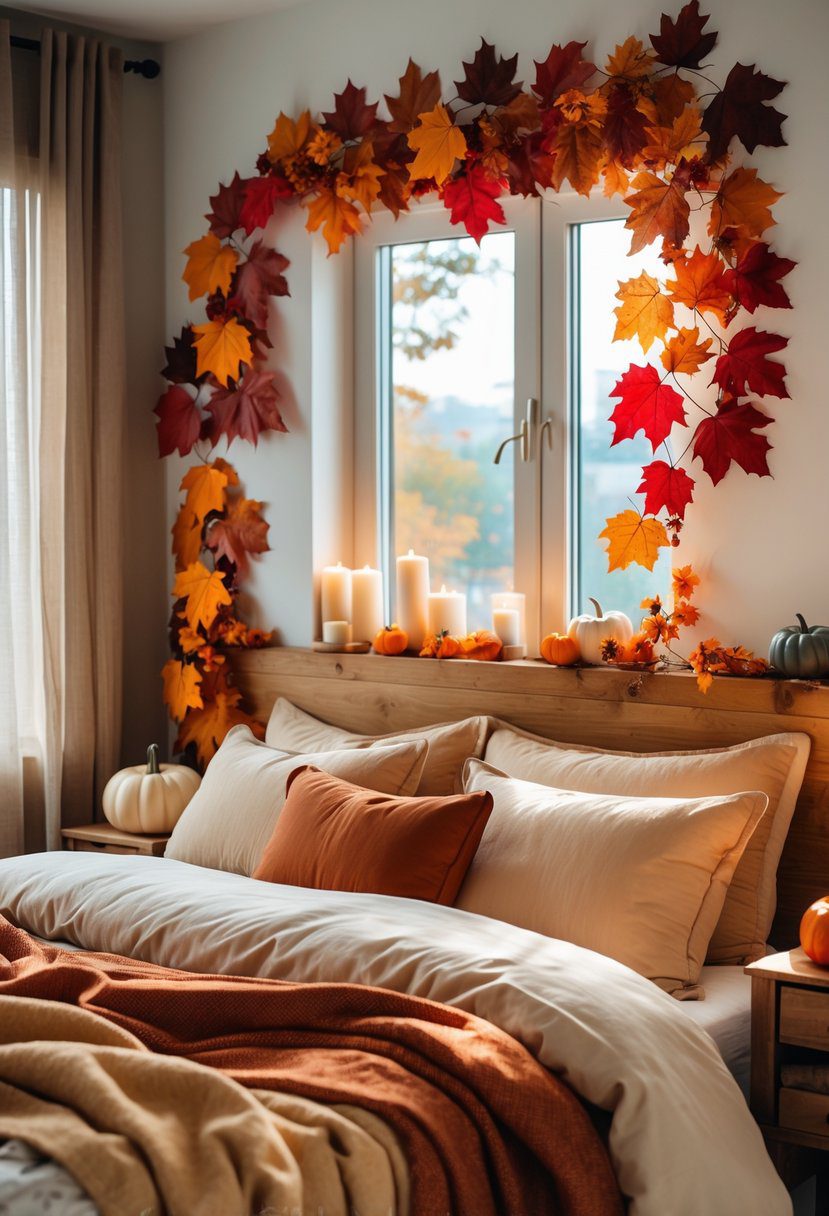 A cozy bedroom decorated with faux maple leaf garlands in autumn colors draped over the headboard and window, with warm bedding and fall decorations.
