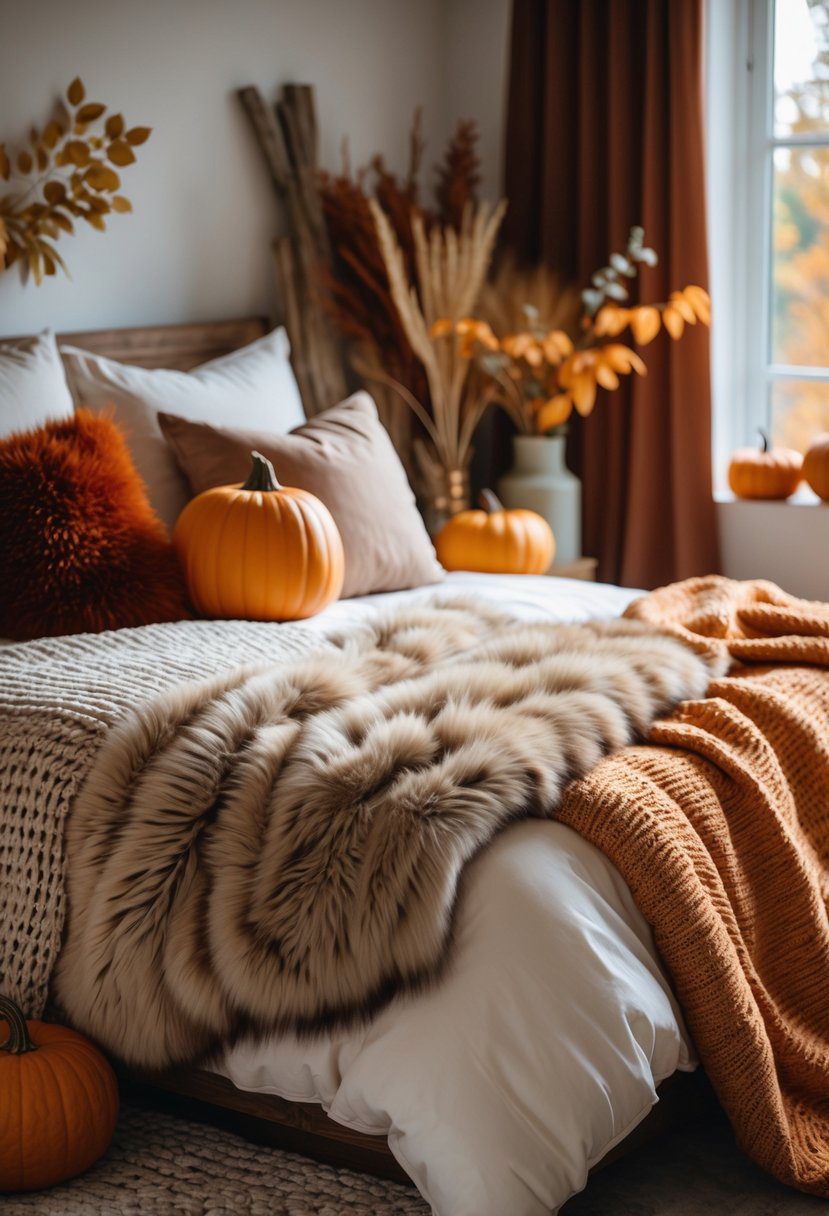 Cozy bedroom with a bed featuring a soft faux fur throw and fall-themed decorations including pumpkins and warm-colored pillows.