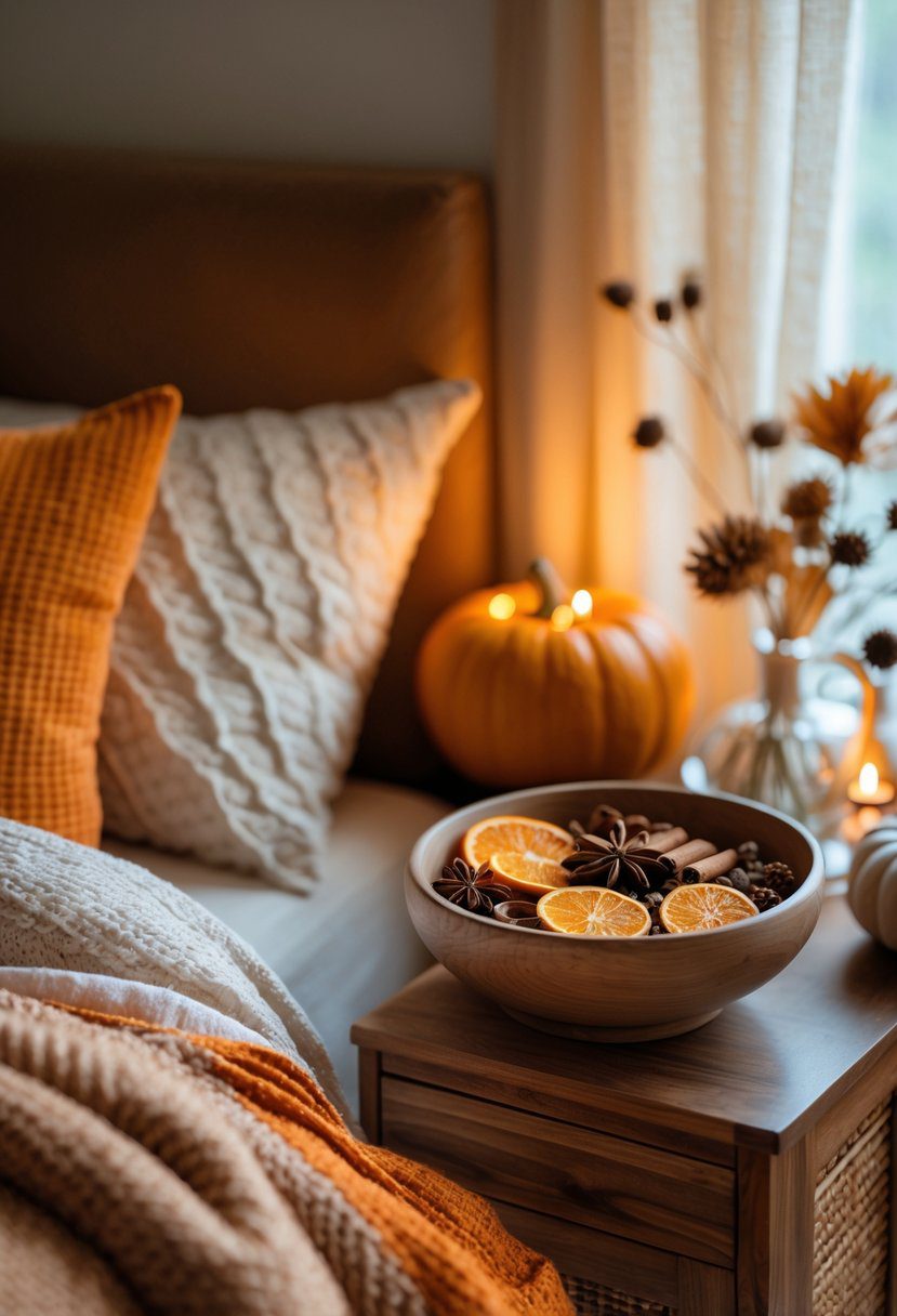 A cozy bedroom decorated for fall with warm blankets, pillows, and a bowl of pumpkin spice potpourri on a nightstand.