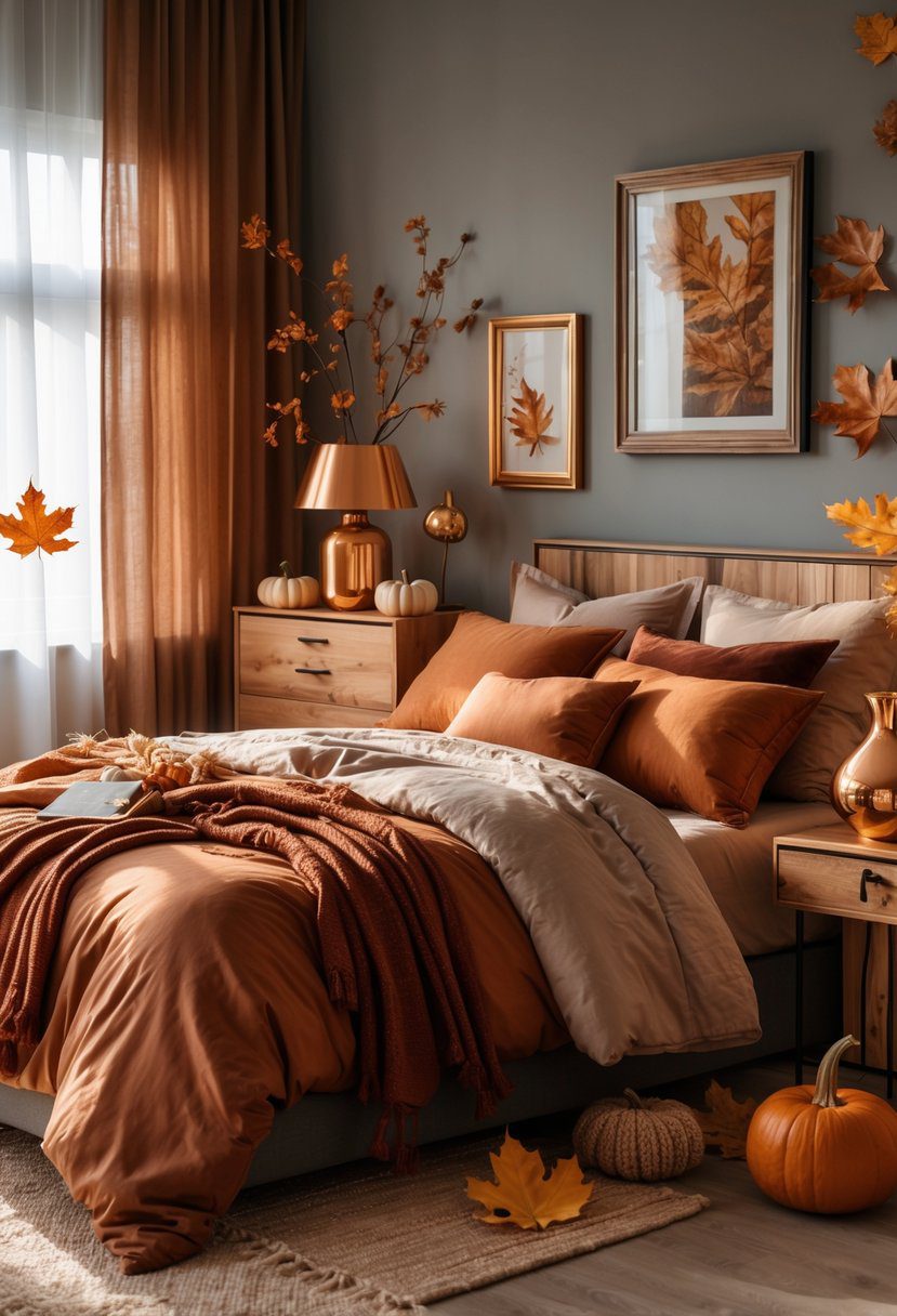 A cozy bedroom decorated with bronze and copper accents, autumn-themed bedding, and seasonal decor like pumpkins and dried leaves.