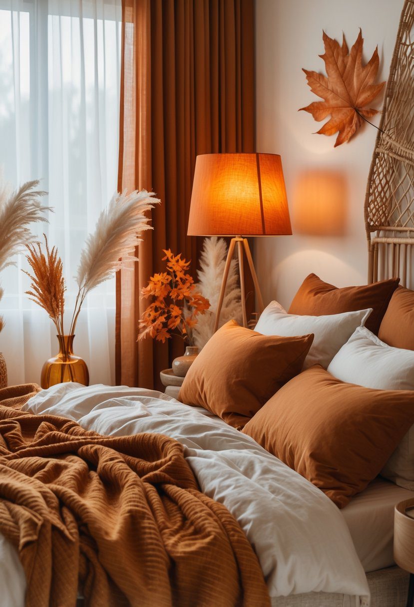 A warm bedroom decorated for fall with amber lampshades, cozy bedding, wooden furniture, and autumn leaves.