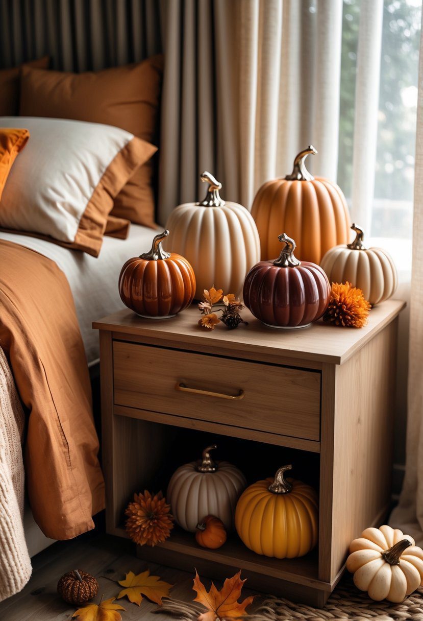 A bedroom with a wooden nightstand holding ceramic pumpkin candle holders and fall decorations next to a neatly made bed.