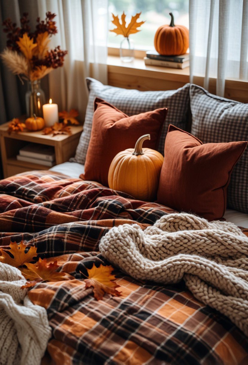 A cozy bedroom with a bed covered in plaid flannel sheets and fall decorations like pumpkins and dried leaves around it.