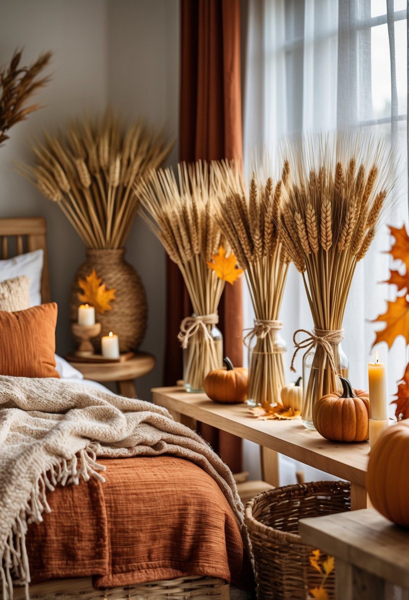 A cozy bedroom decorated for fall with dried wheat bundles, warm-colored pillows, wooden furniture, and soft natural light.