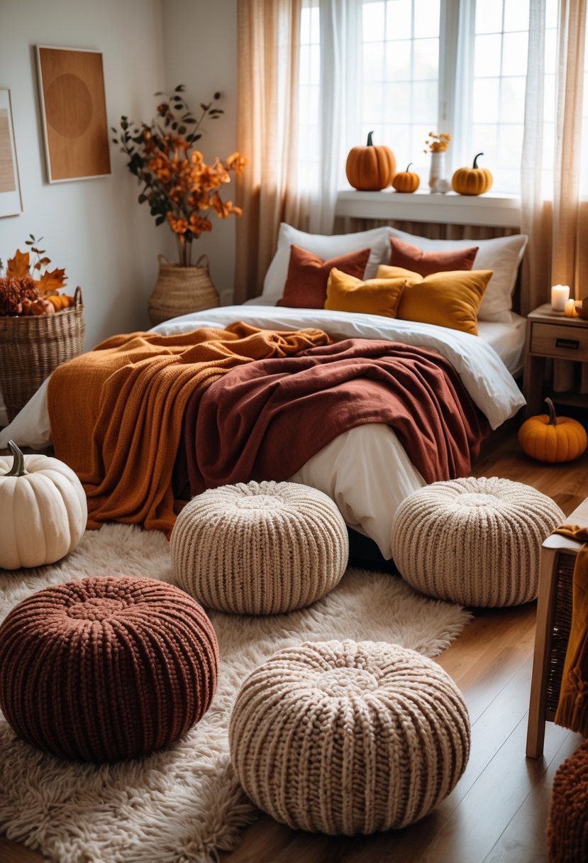 A cozy bedroom decorated for fall with knit poufs on the floor, a bed with autumn-colored blankets and pillows, pumpkins, and warm natural lighting.