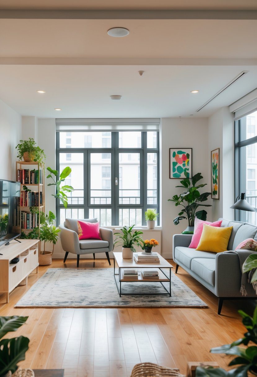 A bright apartment living room with a sofa, coffee table, armchair, bookshelf, plants, and large windows letting in natural light.