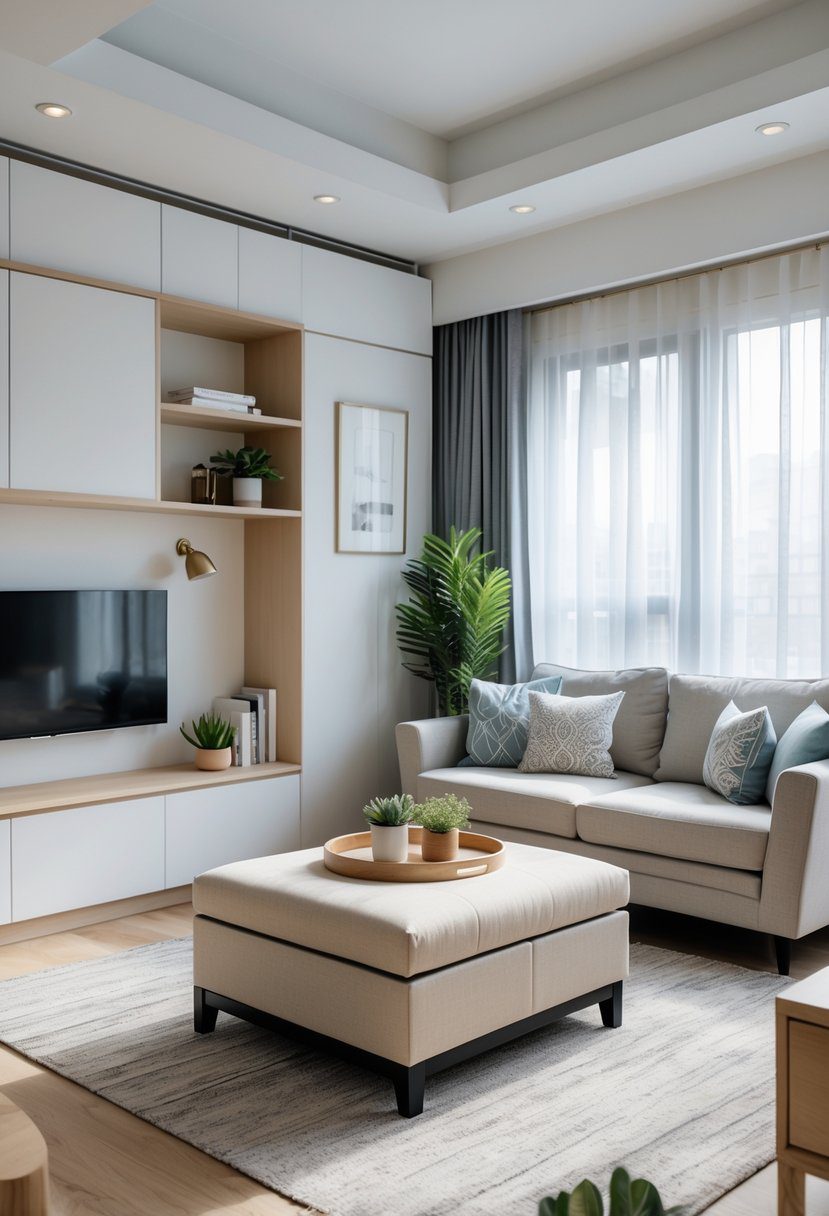 A modern apartment living room with a storage ottoman used as a coffee table, surrounded by a sofa and shelves, with natural light coming through large windows.
