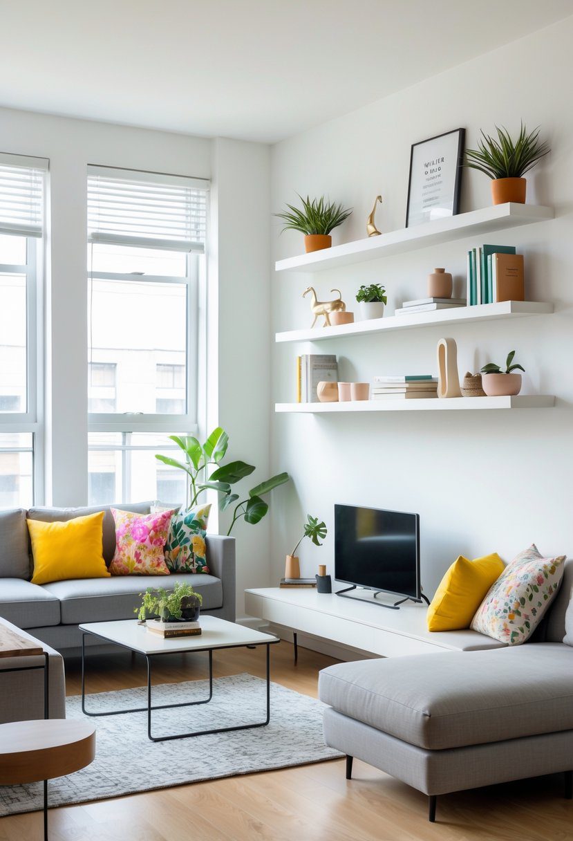 Apartment living room with floating shelves on the wall holding plants and books, a sofa, and a coffee table.