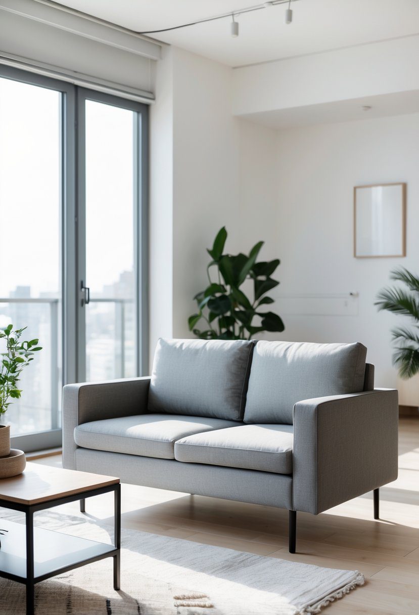 A compact sofa with slim arms in a bright apartment living room with a coffee table and plants.
