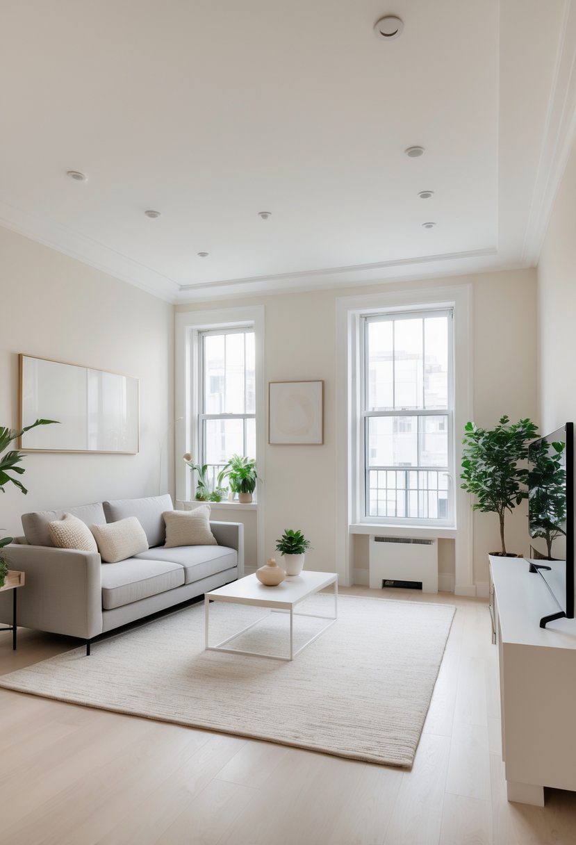 A bright apartment living room with light-colored walls, large windows, a sofa, coffee table, and plants.