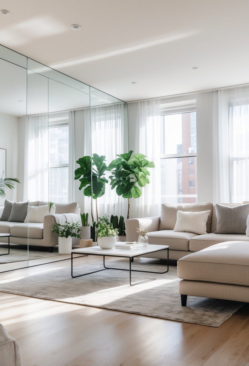 A bright apartment living room with large mirrors reflecting sunlight, comfortable furniture, and indoor plants.