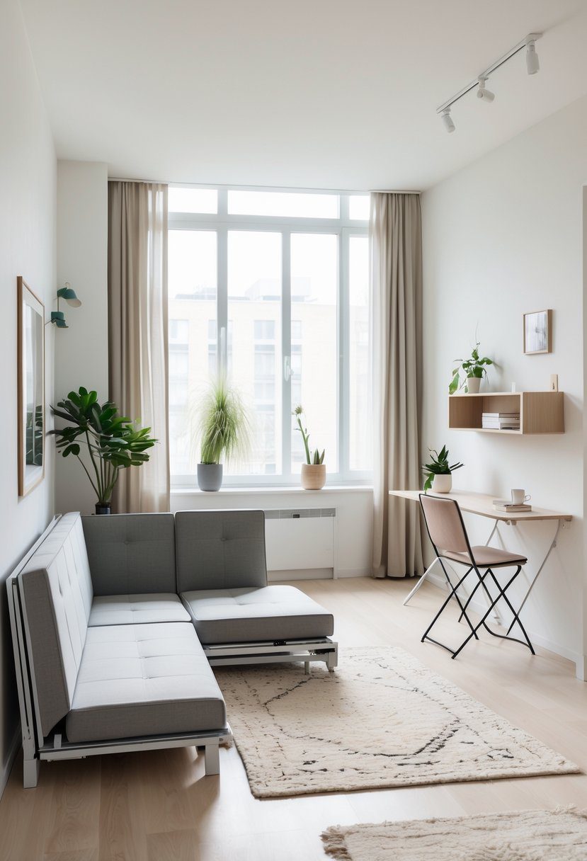 A modern apartment living room with foldable furniture including a sofa bed, dining table, and wall-mounted desk, with natural light and plants.