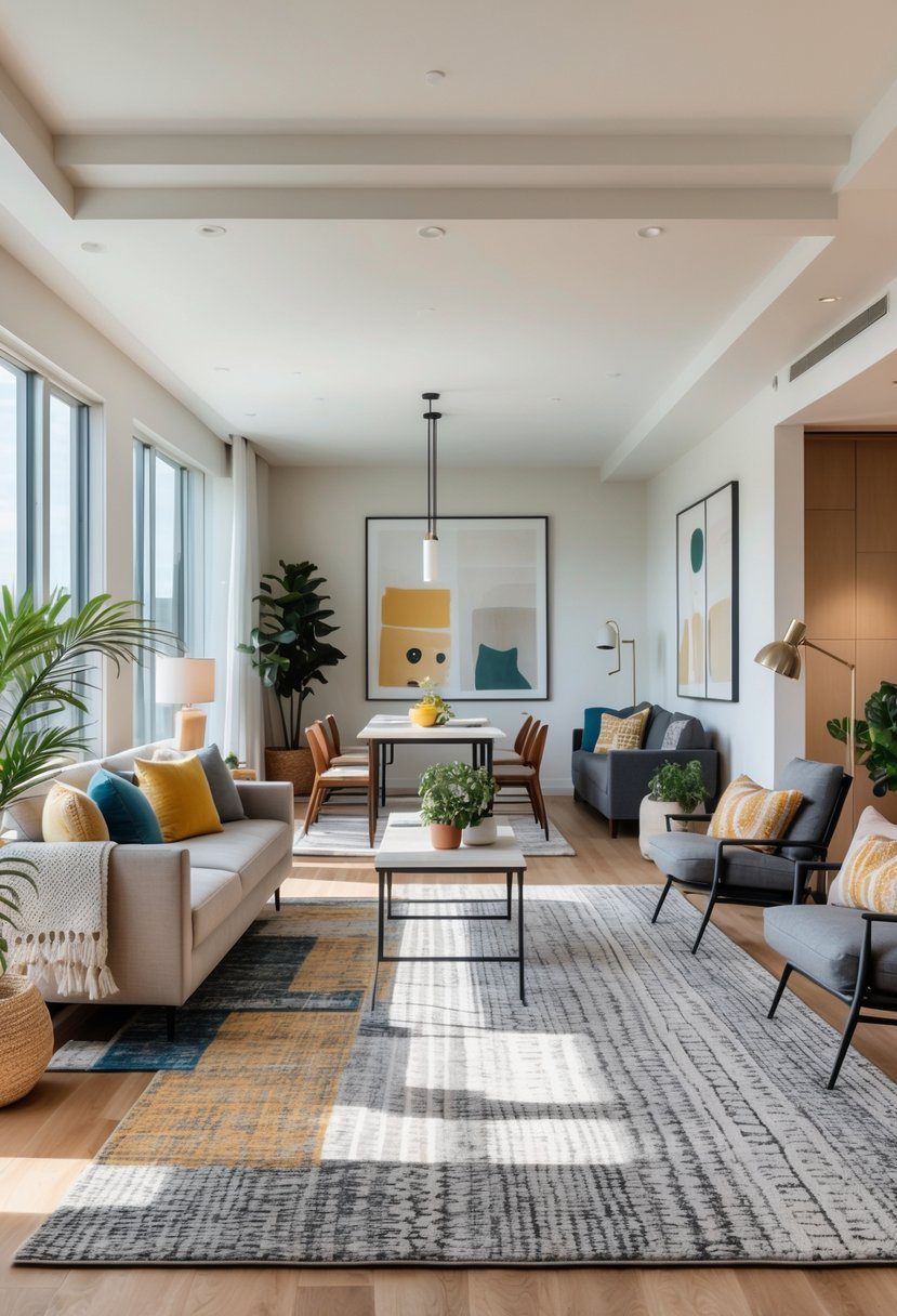 A spacious apartment living room with different zones defined by area rugs, including a seating area, dining space, and a reading nook.