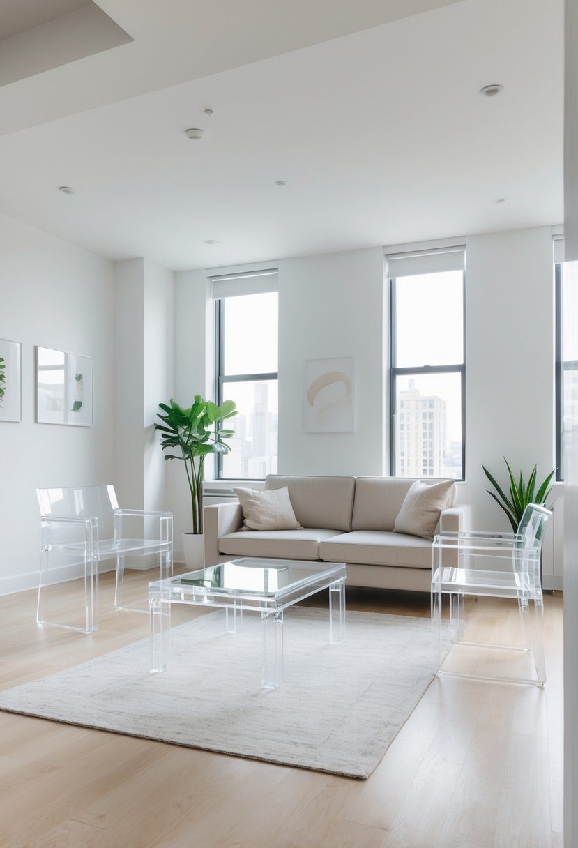 A bright apartment living room with clear acrylic furniture, a sofa, plants, and large windows letting in natural light.
