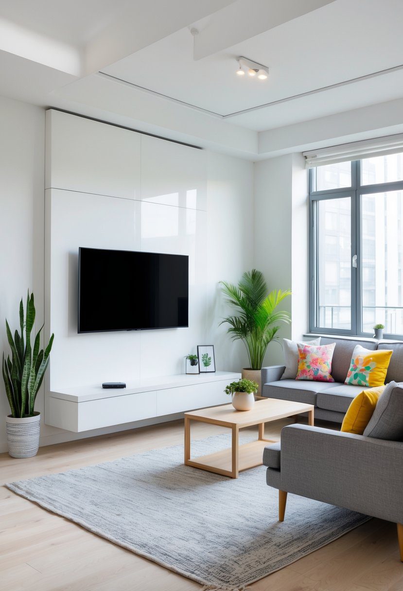 A modern apartment living room with a flat-screen TV mounted on the wall, a gray sofa, coffee table, indoor plant, and large windows letting in natural light.
