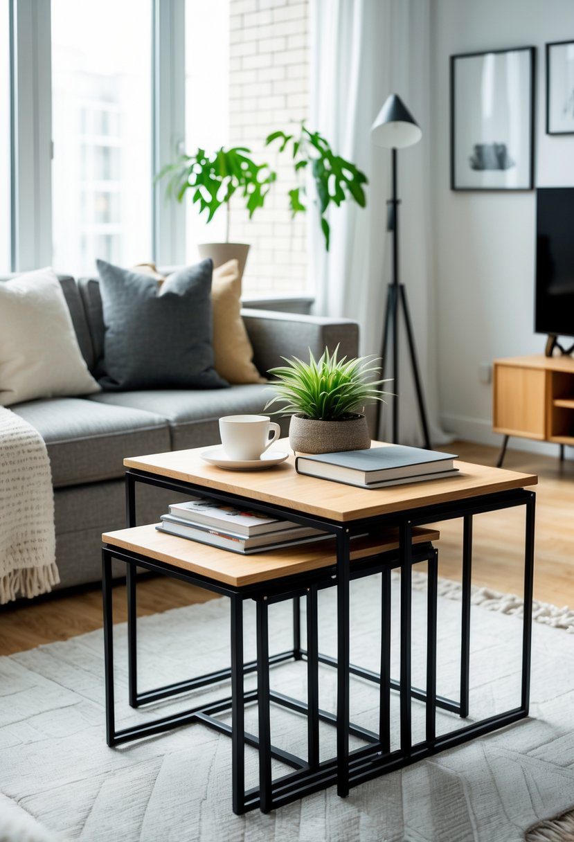 A bright apartment living room with nesting tables holding decorative items next to a sofa.