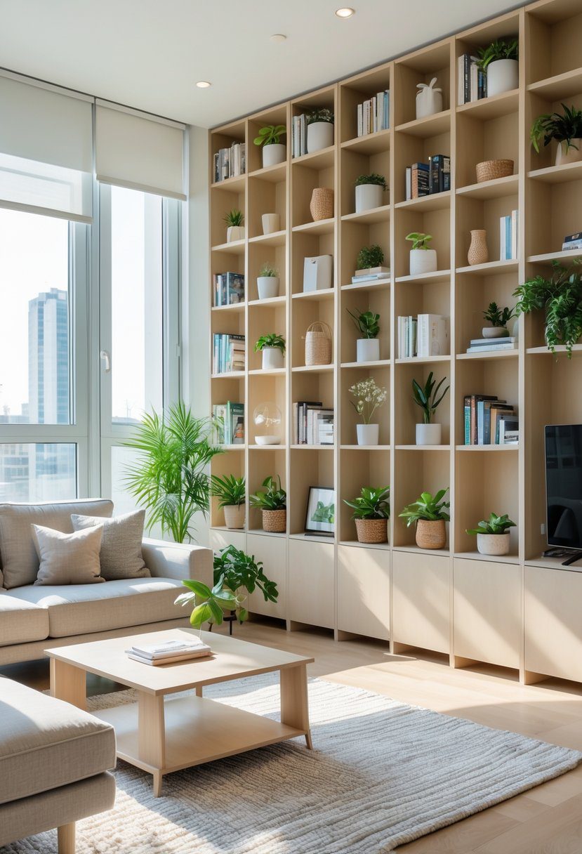 A bright apartment living room with tall vertical storage units, a sofa, coffee table, and large windows letting in natural light.