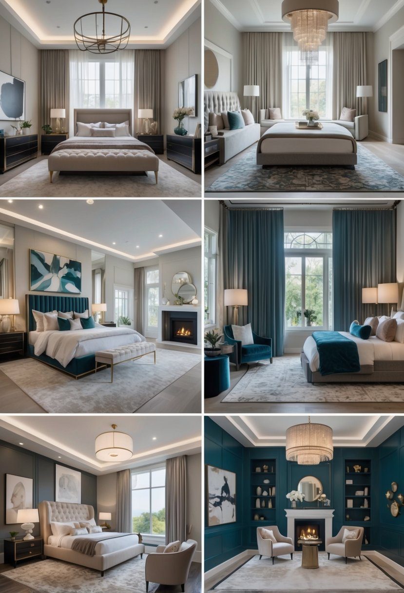 A collection of 15 luxurious master bedrooms with spacious layouts, large beds, elegant furniture, and natural lighting.