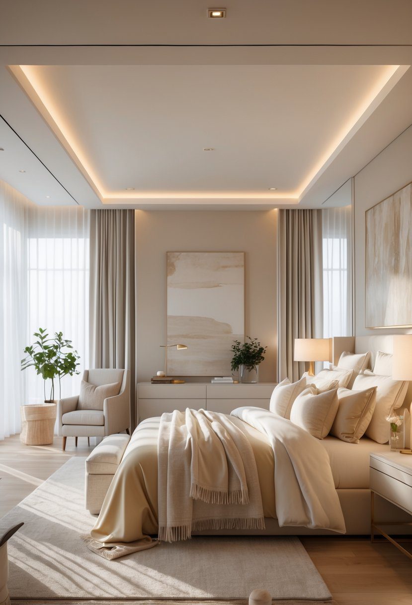 A spacious master bedroom with a large bed, soft neutral bedding, natural light through sheer curtains, wooden floors, and minimalist furniture creating a calm and peaceful atmosphere.