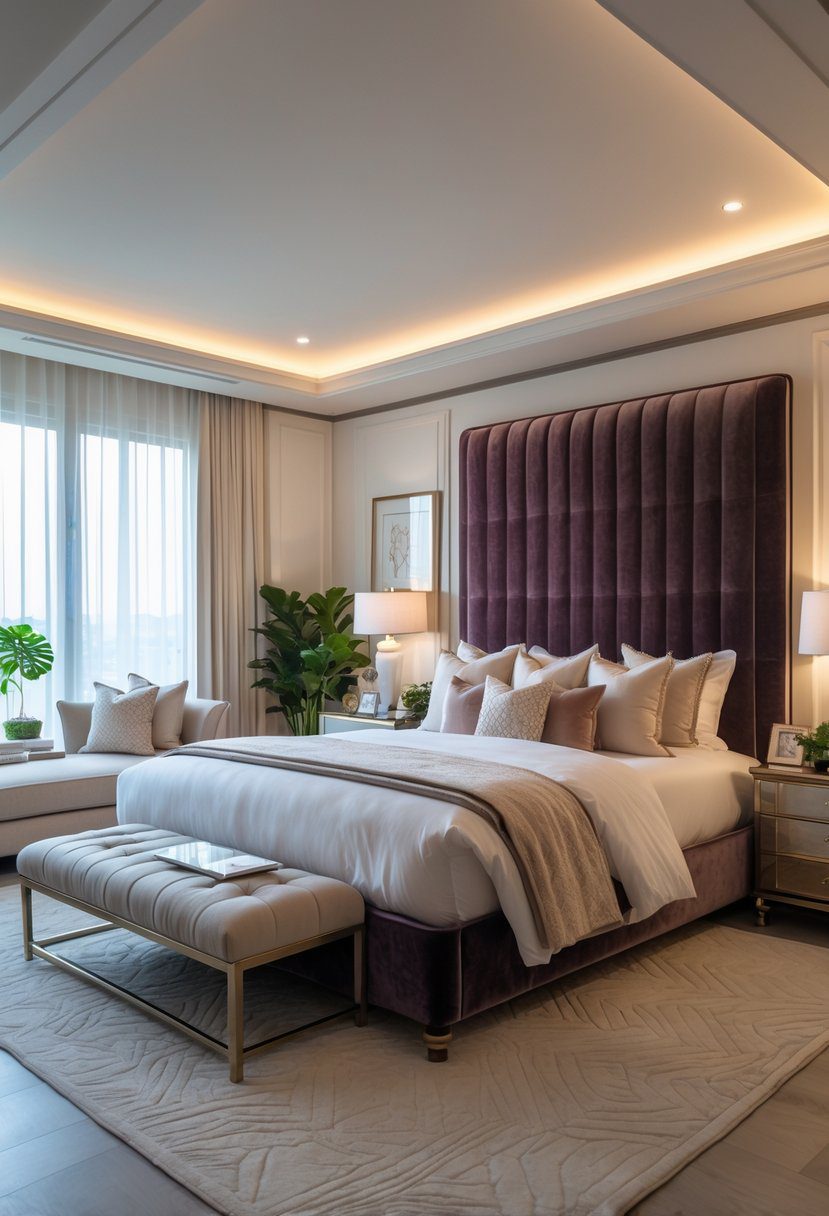 A spacious master bedroom with a large bed featuring a plush velvet upholstered headboard, bedside tables with lamps, and soft natural lighting.