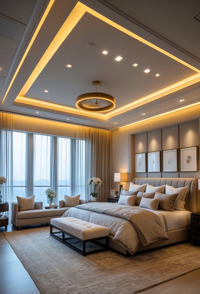 A spacious master bedroom with a large bed, bedside lamps, recessed ceiling lights, and soft ambient lighting creating a warm and inviting atmosphere.
