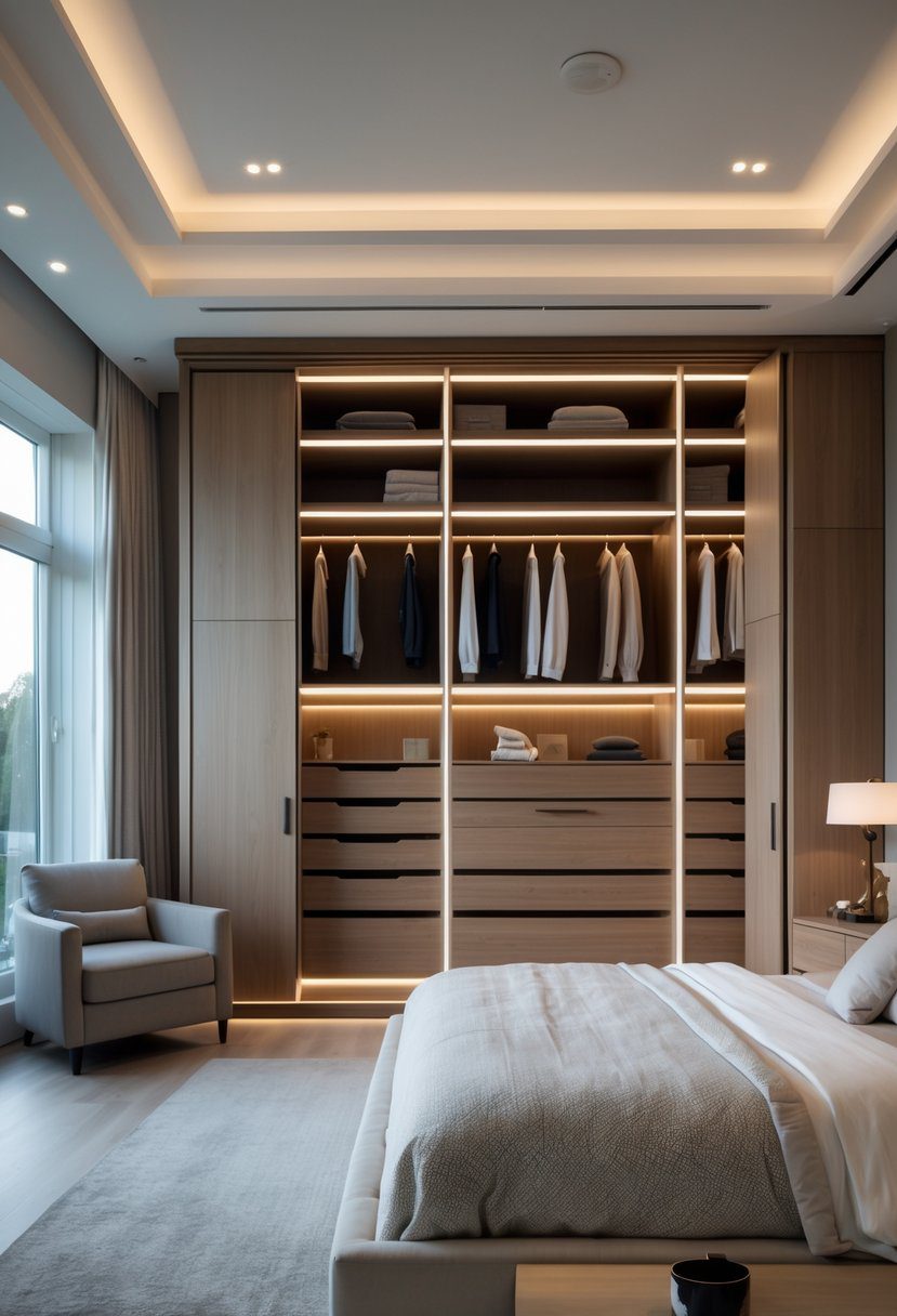A spacious master bedroom with custom built-in wardrobes and a large bed, featuring organized storage and natural light.