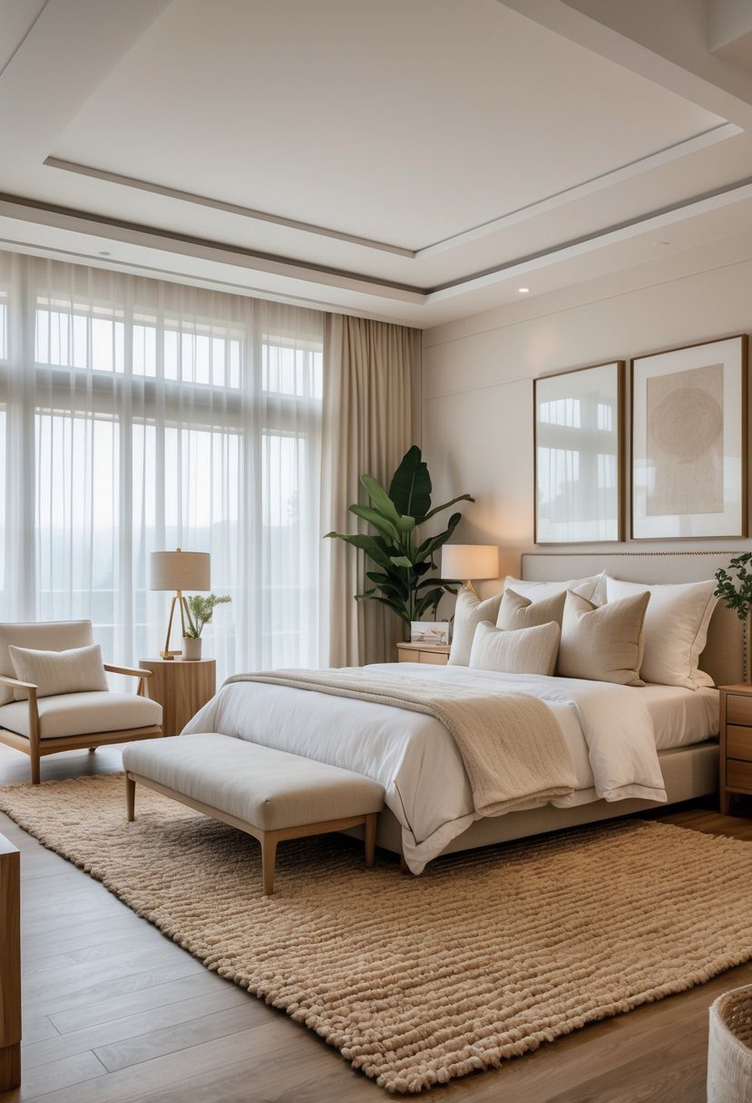 A spacious master bedroom with a large bed and a natural fiber rug on the floor, featuring wooden furniture and soft natural lighting.