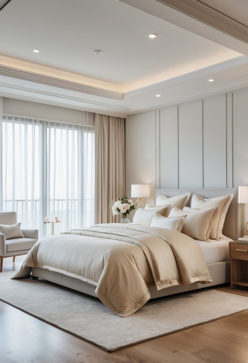 A spacious master bedroom with a large bed covered in smooth, light-colored bedding, natural light coming through windows, and modern furniture.