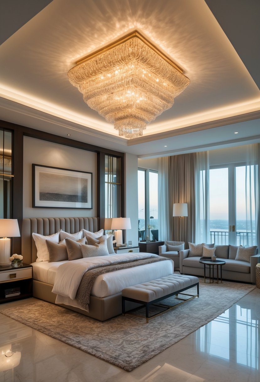 A spacious master bedroom with a large bed and a prominent chandelier hanging from the ceiling, illuminated by natural and ambient light.