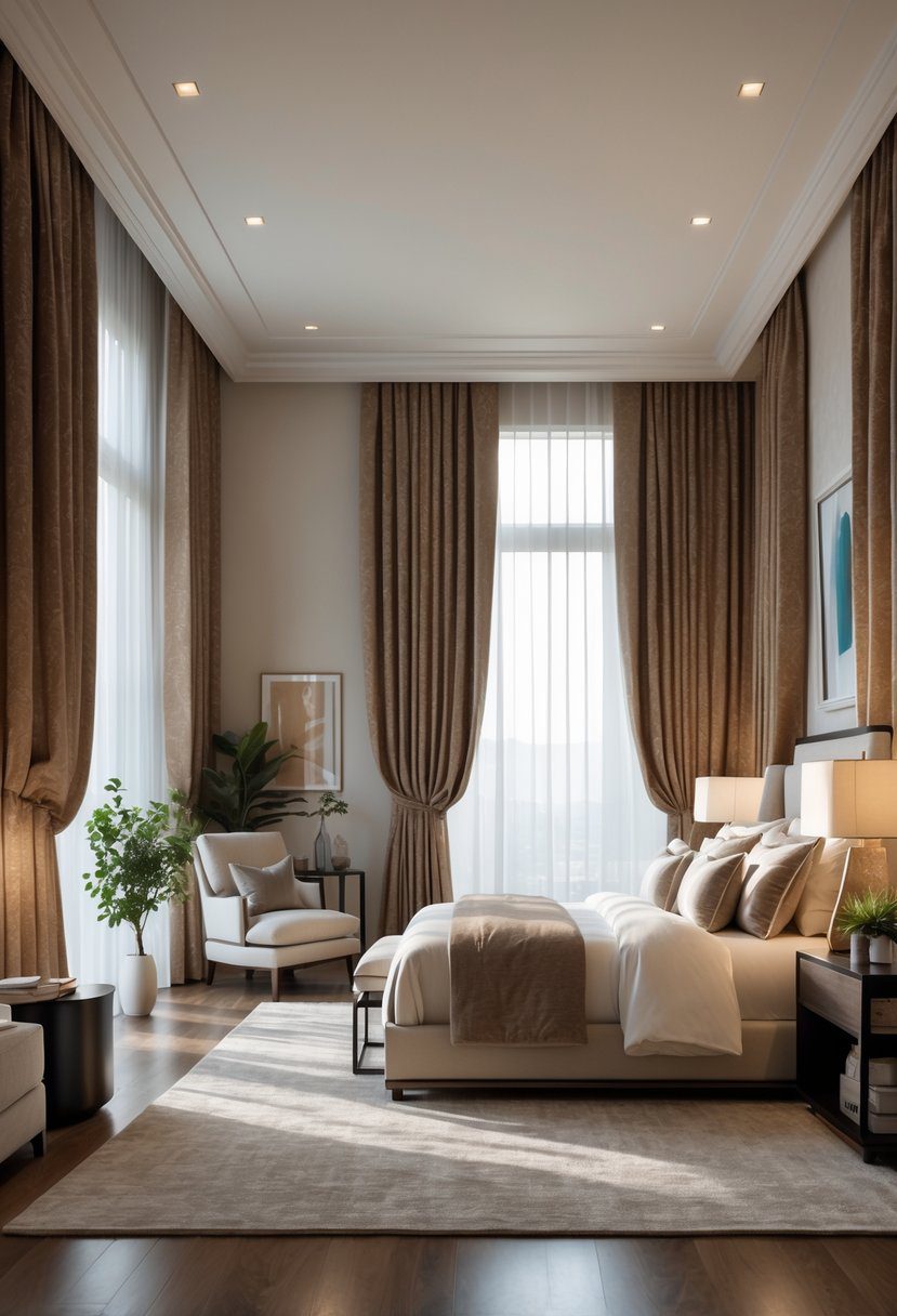 A spacious master bedroom with large floor-to-ceiling drapes, a comfortable bed, and soft natural light filling the room.