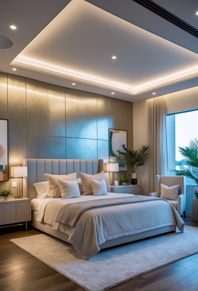 A spacious master bedroom with a large bed, an accent wall with a subtle metallic finish, bedside tables with lamps, and natural light coming through large windows.