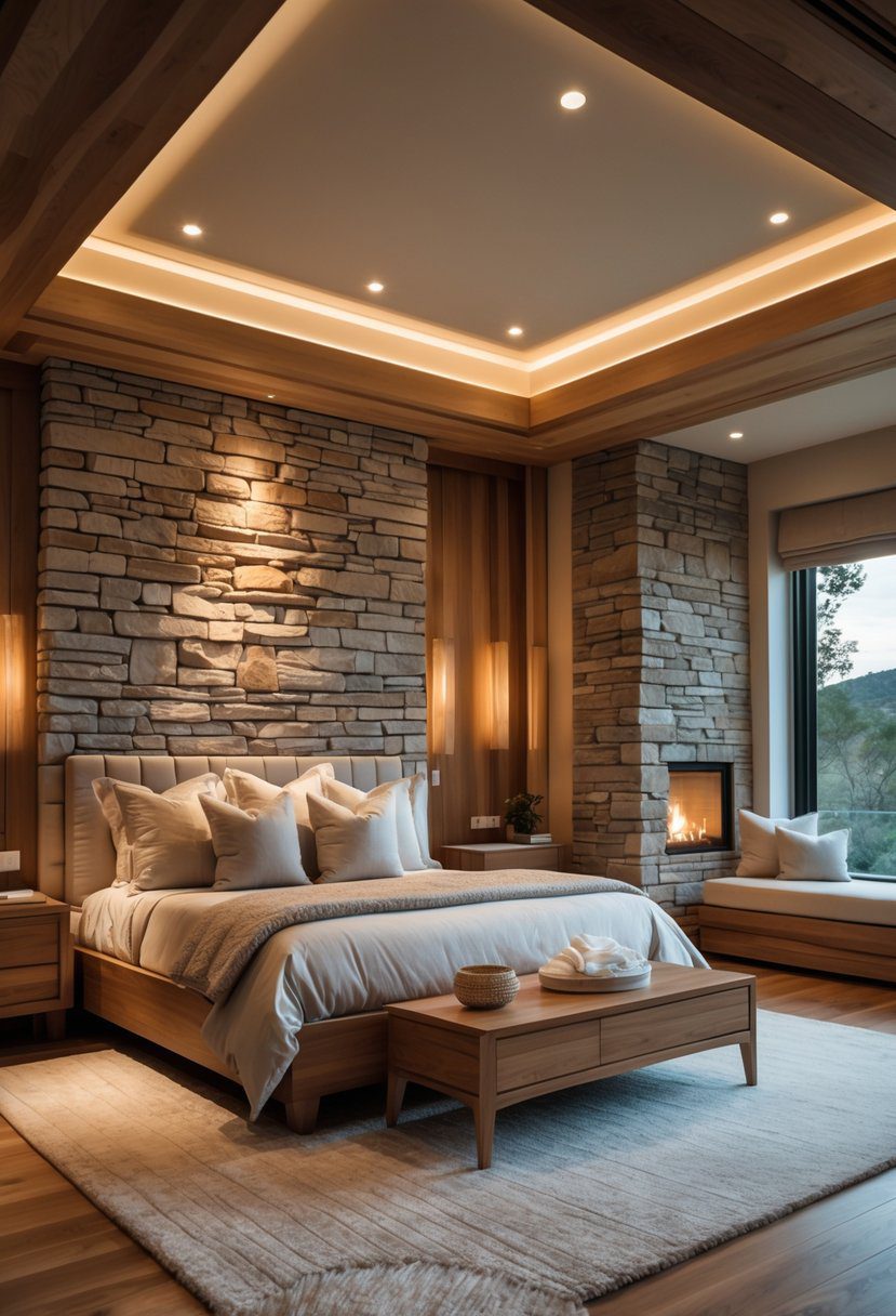 A spacious master bedroom with a wooden bed, stone accent wall, warm lighting, and large windows letting in natural light.