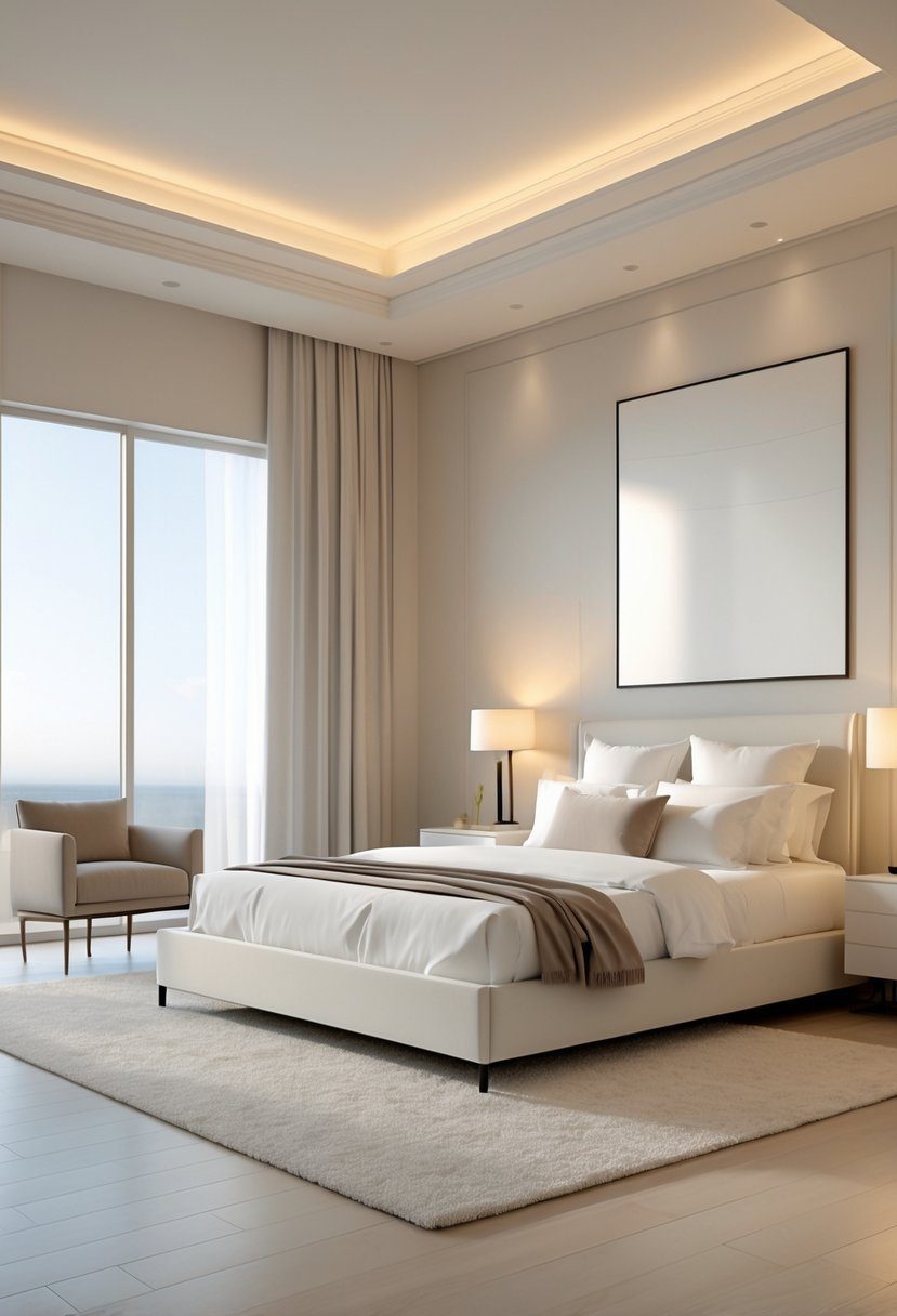 A spacious master bedroom with a large bed, nightstands, a chair by a window, and soft natural light filling the room.