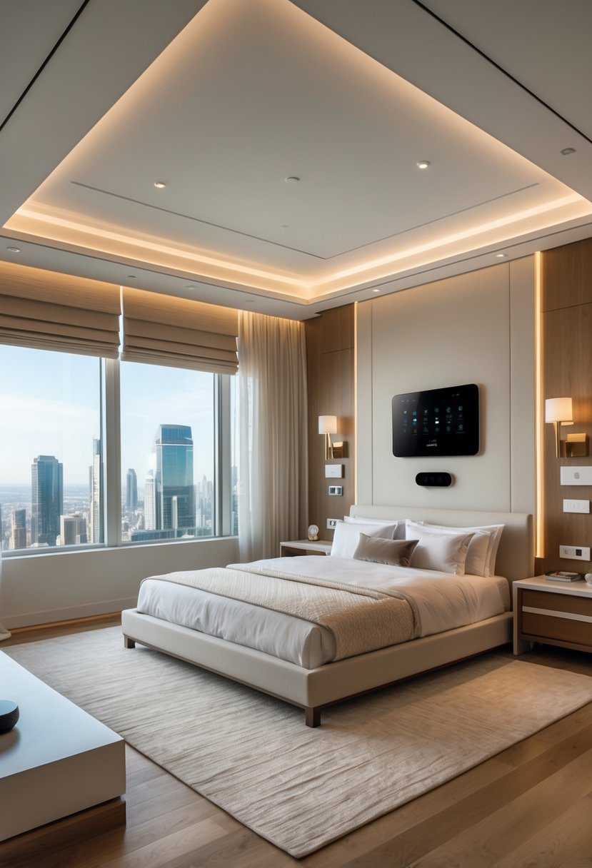 A luxurious master bedroom with a king-sized bed, smart home devices, automated window shades, and modern furniture.
