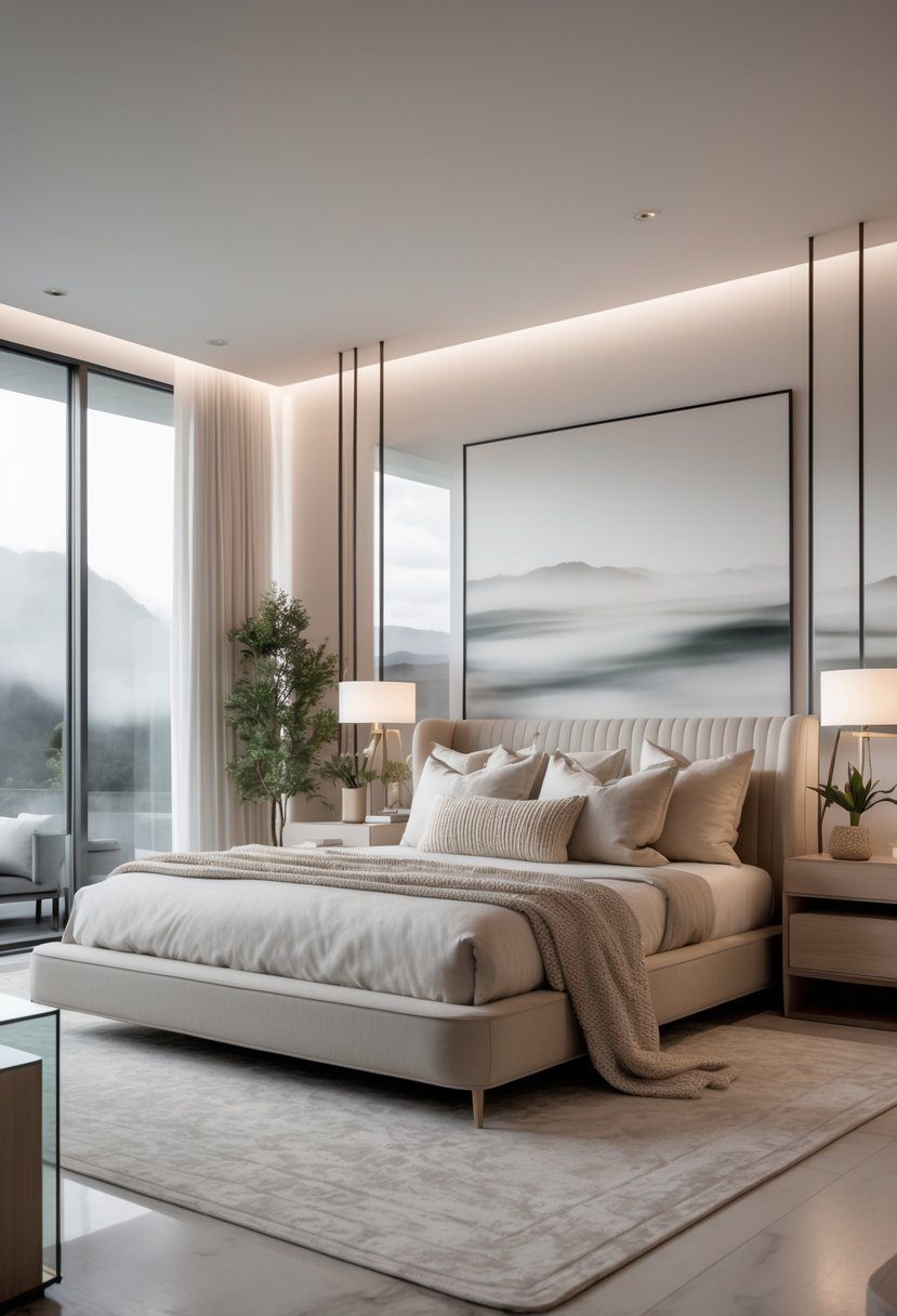 A spacious luxury master bedroom with a large bed, floor-to-ceiling windows, abstract landscape artwork on the walls, and minimalist furniture.