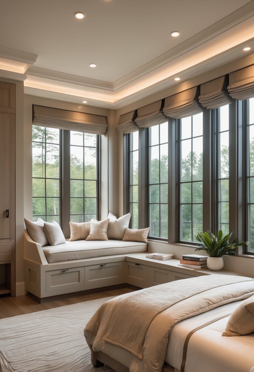 Luxurious master bedroom with a built-in window nook featuring cushioned seating and natural light.
