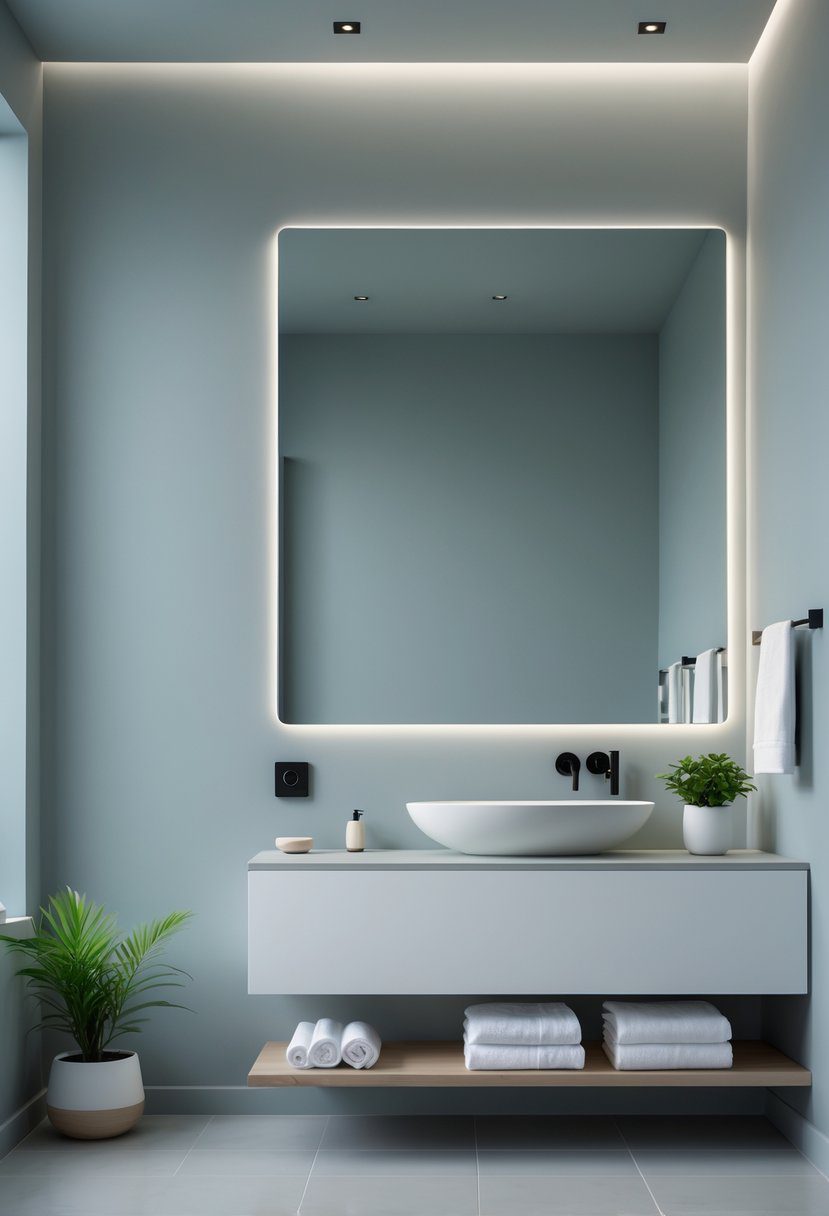 A modern bathroom with soft gray walls, a floating white vanity, a large mirror, and a small green plant.