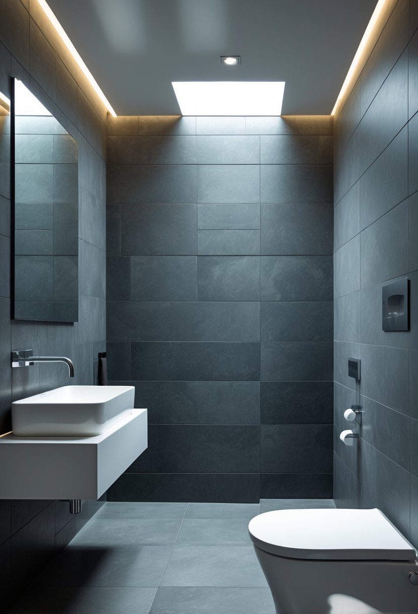 A modern bathroom with a dark charcoal tiled accent wall, a wall-mounted sink, and large grey floor tiles.