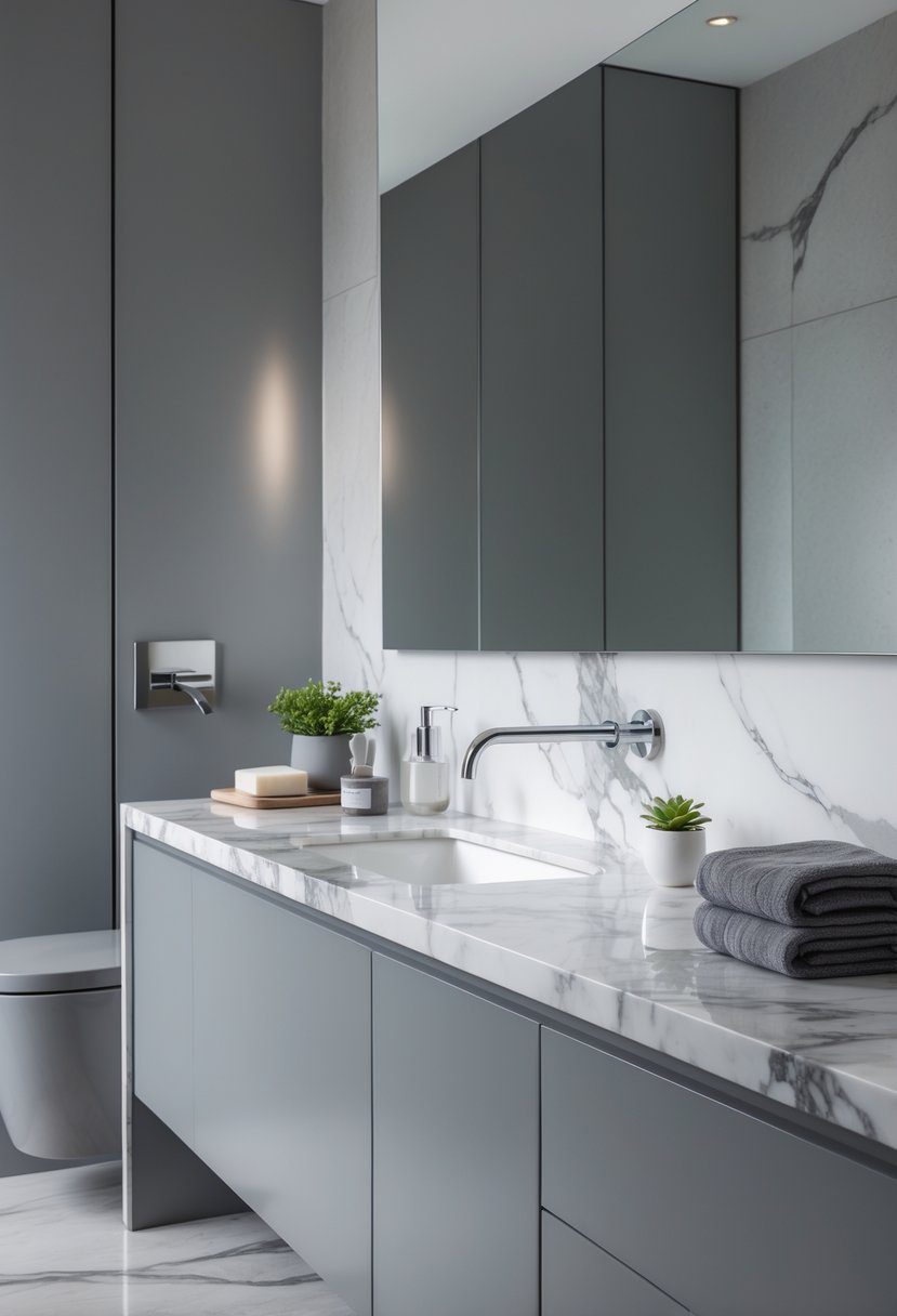 A bathroom countertop made of white marble with subtle grey veins, featuring a chrome faucet, a mirror, and grey towels.