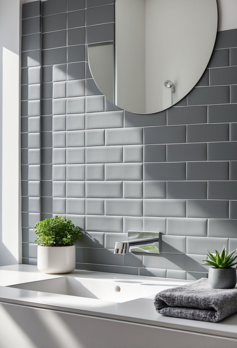 Bathroom with matte grey subway tile backsplash, white countertop, sink, and a small potted plant.