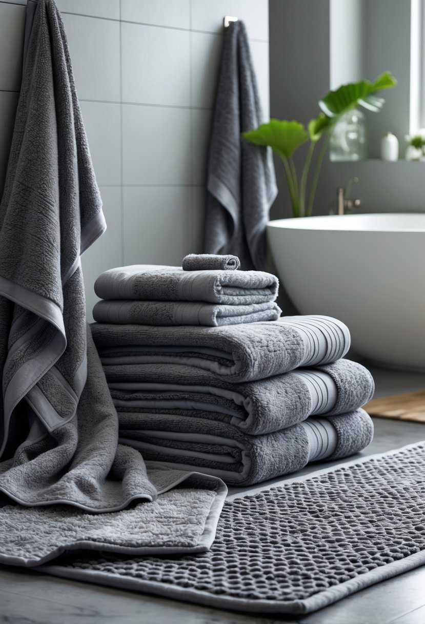 A bathroom scene with various grey towels and rugs layered together on a countertop and floor.