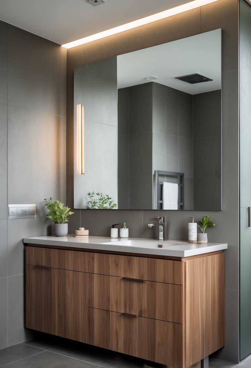 A bathroom with wood cabinets stained in warm grey, neutral grey walls and floor, a countertop with a small plant and toiletries, and soft natural lighting.