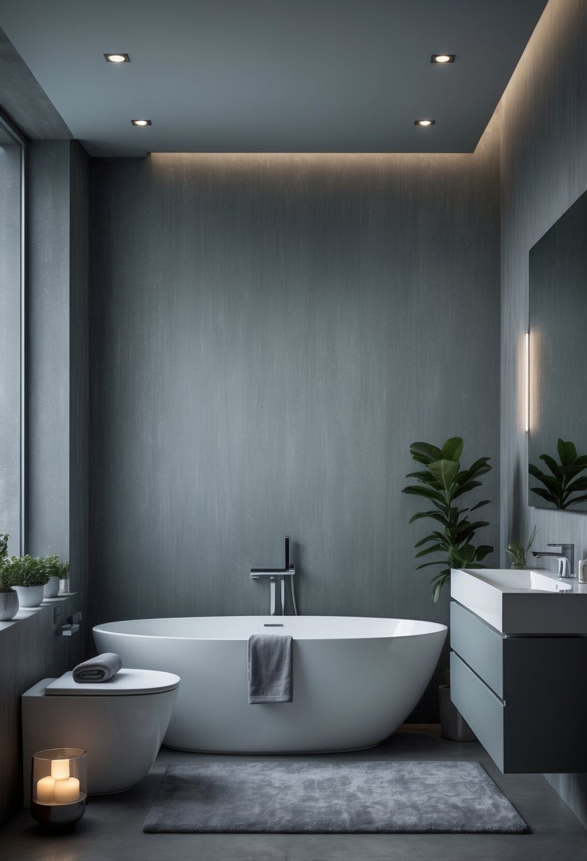 A modern bathroom with grey patterned wallpaper, a freestanding bathtub, a vanity with a mirror, and soft lighting.