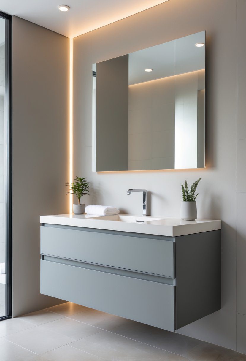 A modern bathroom with a floating grey vanity and a white countertop sink.