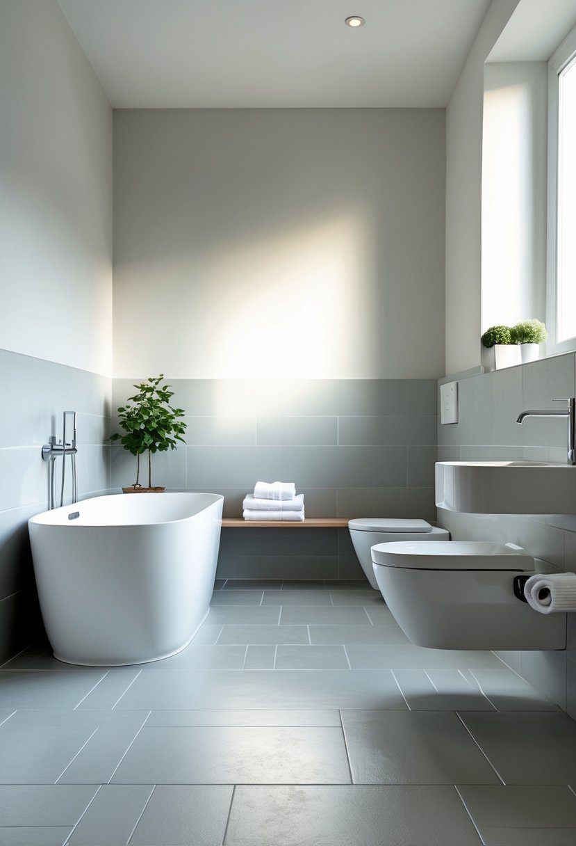 A bathroom with pale grey floor tiles and white fixtures including a bathtub, sink, and toilet.