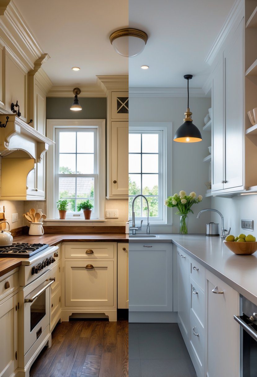 A split-view kitchen interior showing two contrasting designs side by side with different color palettes and furnishings.